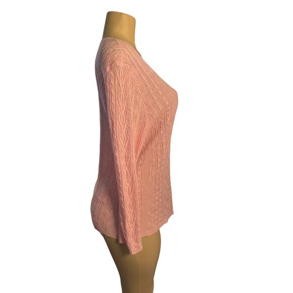 Women L Lauren Ralph Lauren 100% Linen Cable Knit Pink V-Neck Pullover Sweater - Picture 5 of 6